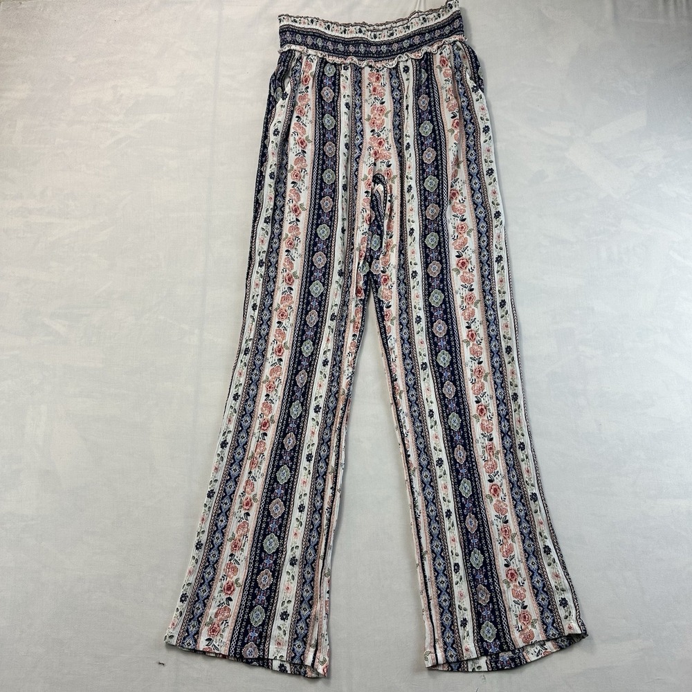 Kingston Grey Women's Boho Wide Leg Pants Floral Stripe Smocked Waist Size S